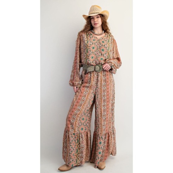 EASEL Printed Ruffle Wide Leg Pants Boho Western Size L NEW - Picture 3 of 6